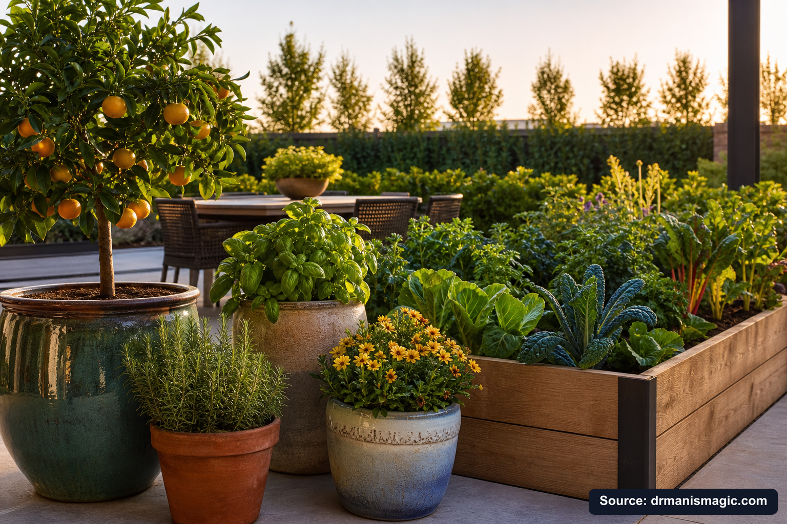 Thriving container plants and raised garden beds on a patio