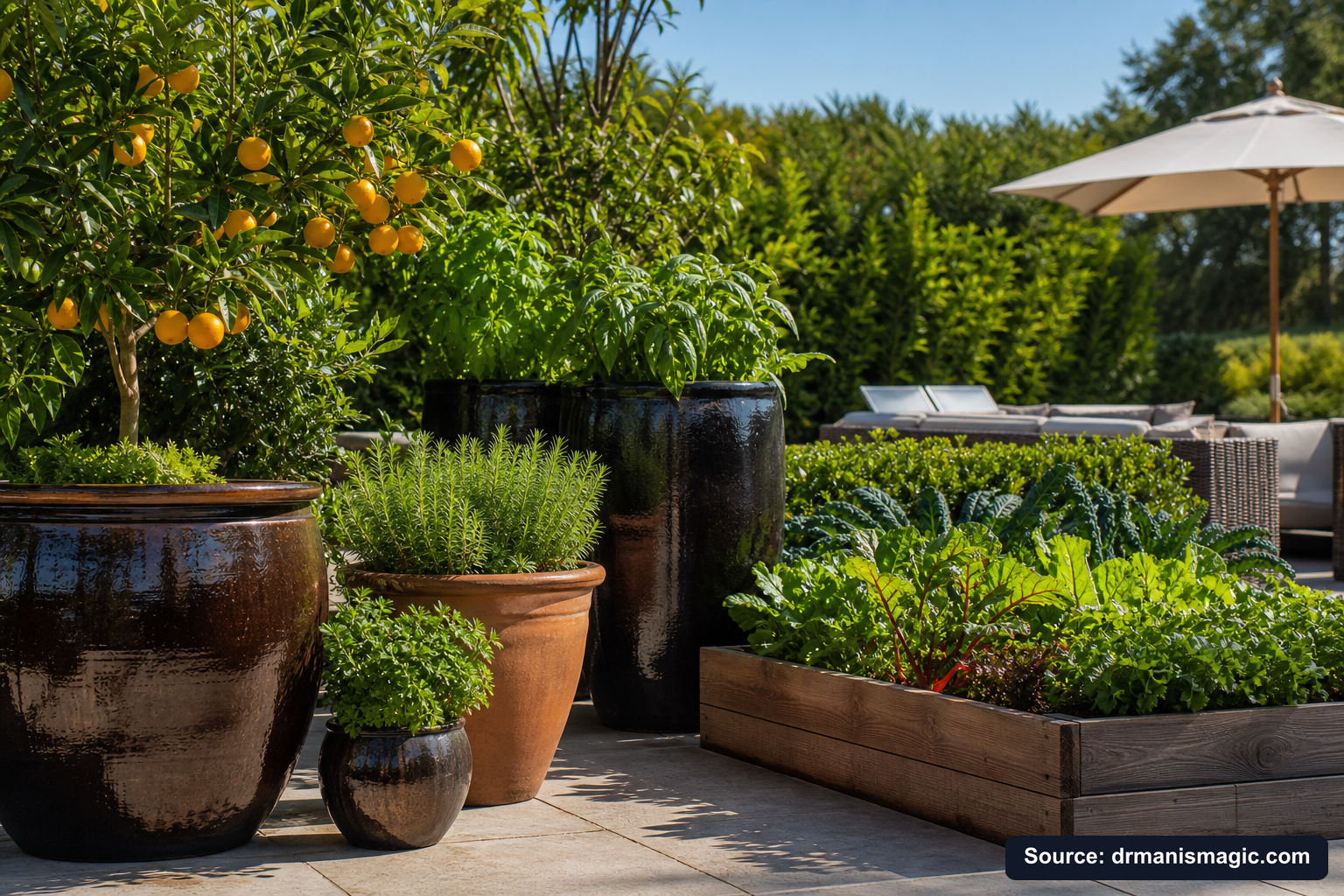 Thriving container plants and raised garden beds on a patio
