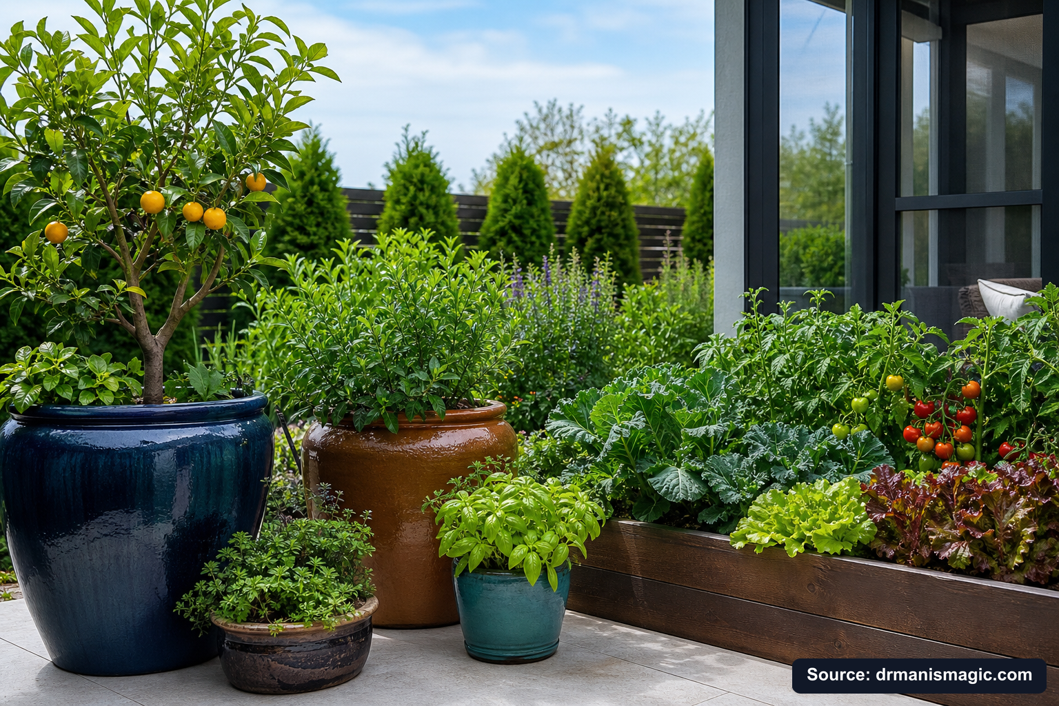 Thriving container plants and raised garden beds on a patio