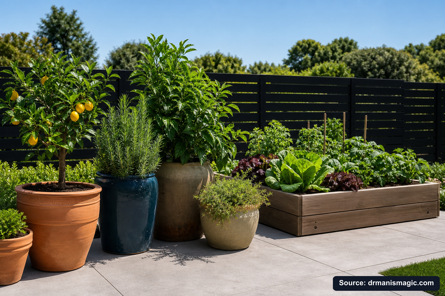 Thriving container plants and raised garden beds on a patio
