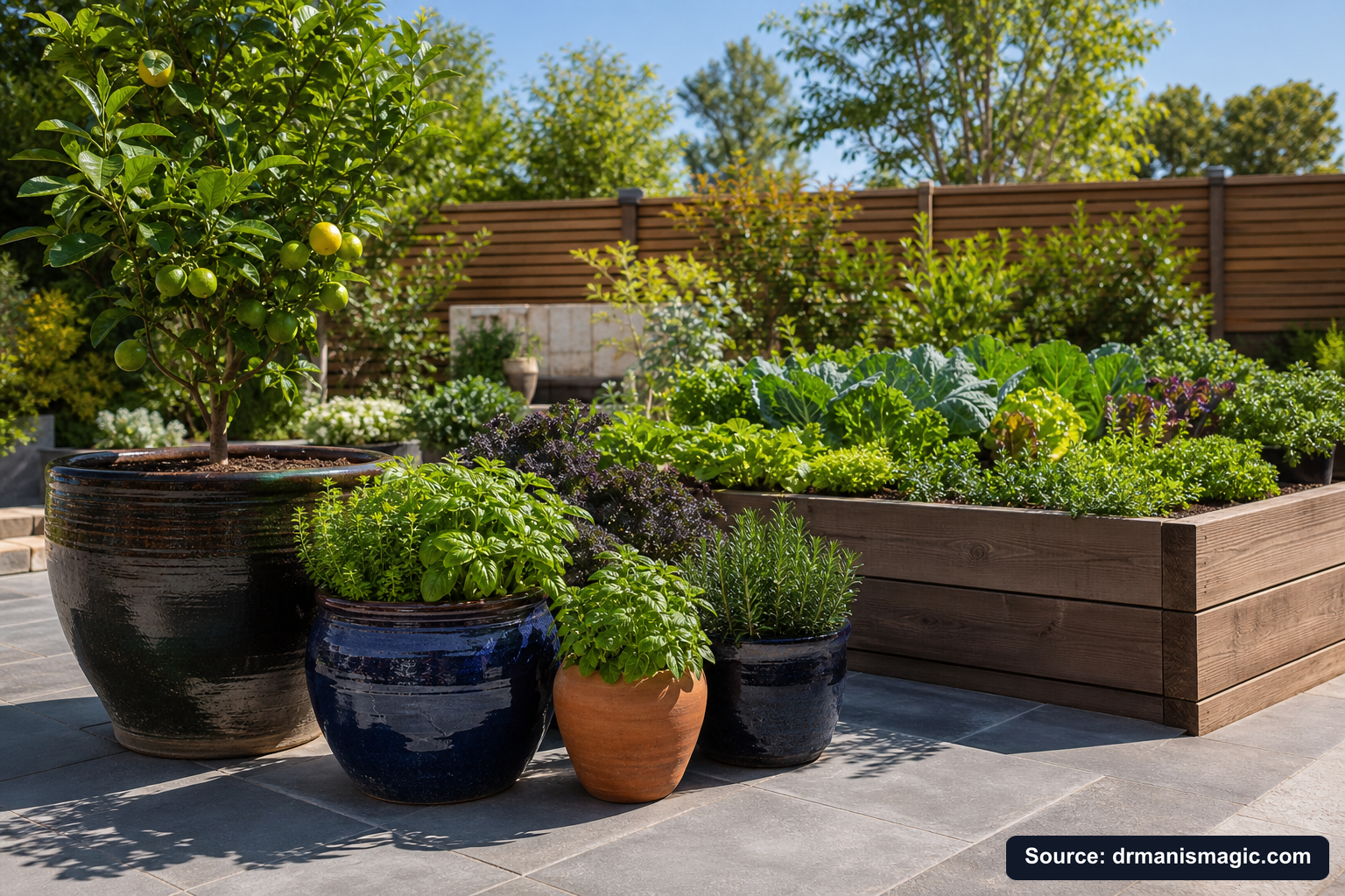 Thriving container plants and raised garden beds on a patio