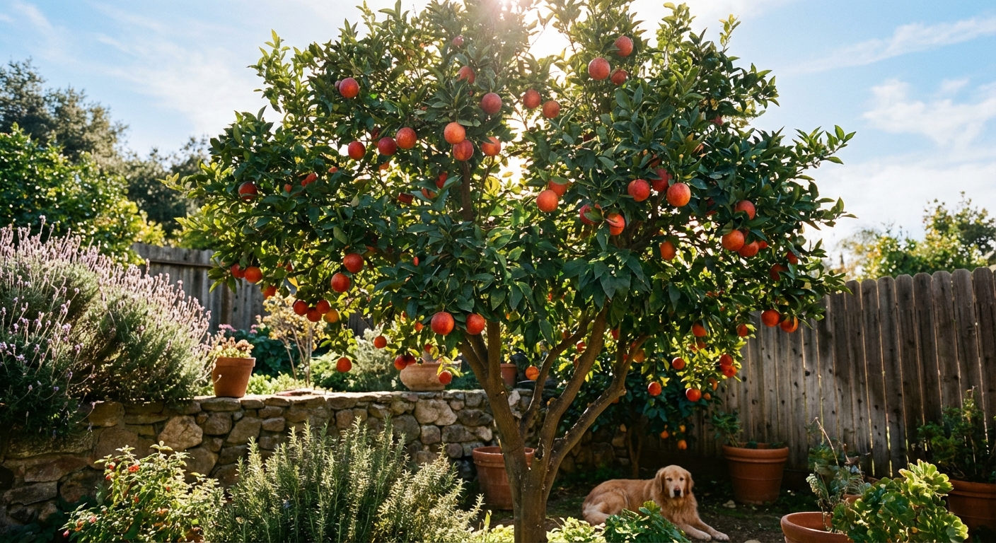 Tarocco Blood Orange Tree growing in a backyard garden with ripe tarocco blood orange fruit