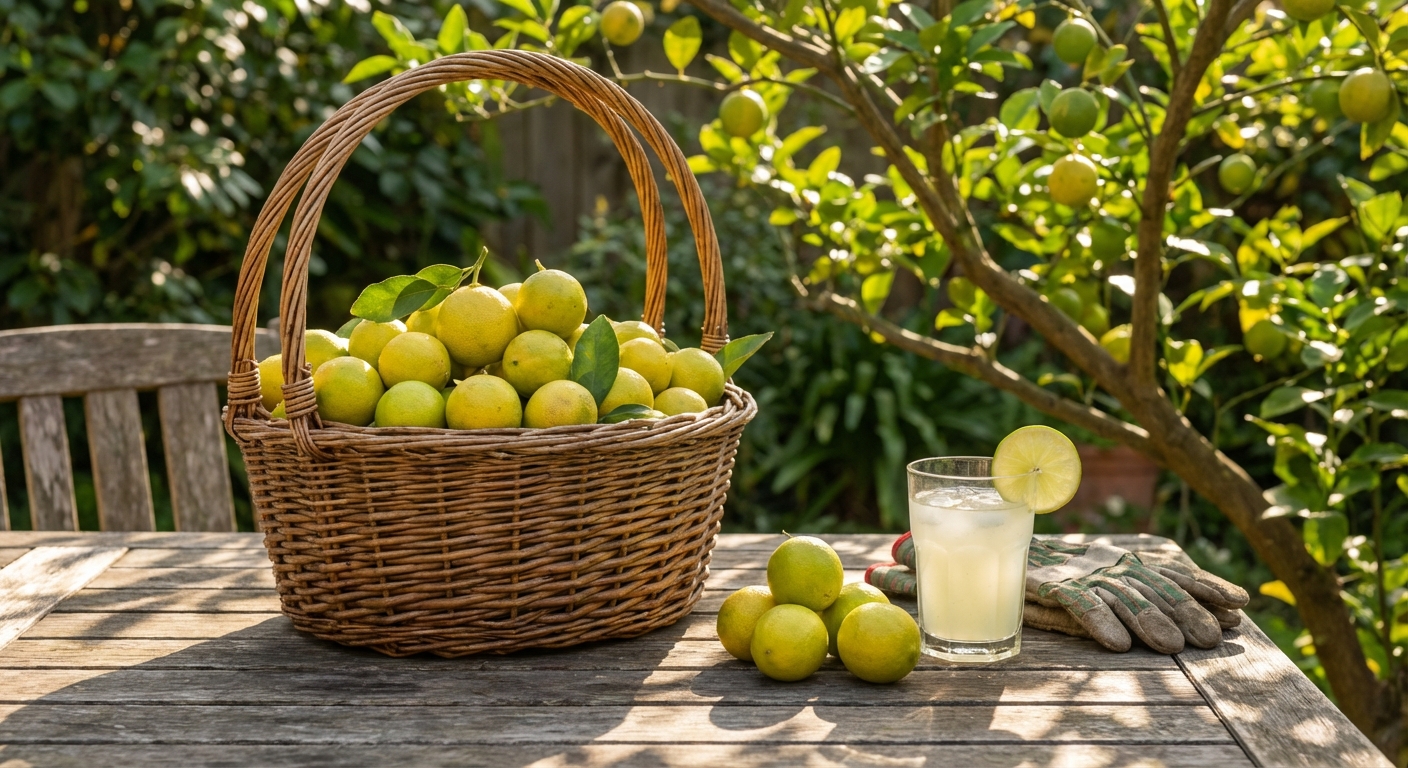 Bountiful harvest of Thornless Mexican Key Lime fruit in a basket