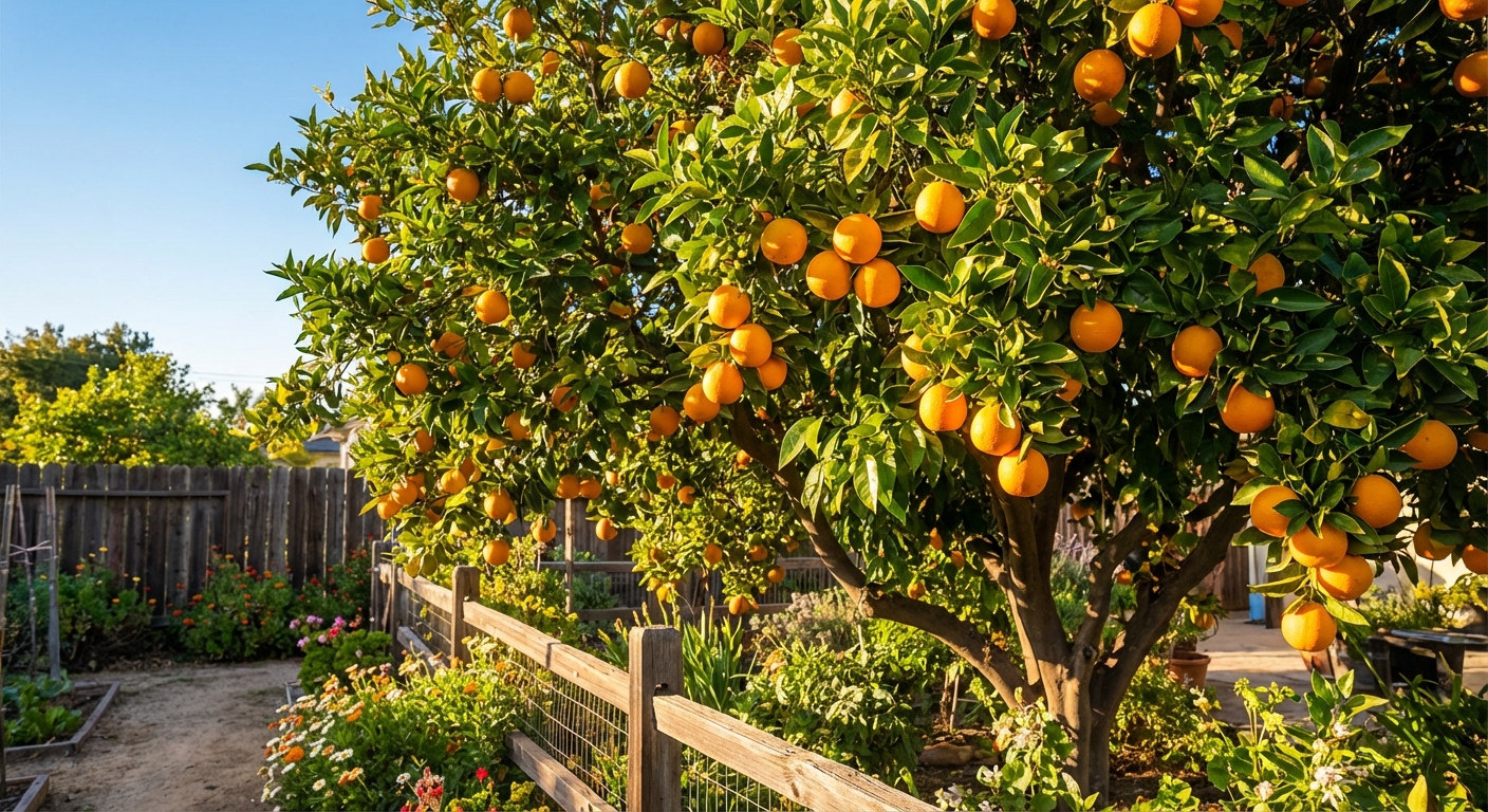Valencia Orange Tree growing in a backyard garden with ripe valencia orange fruit