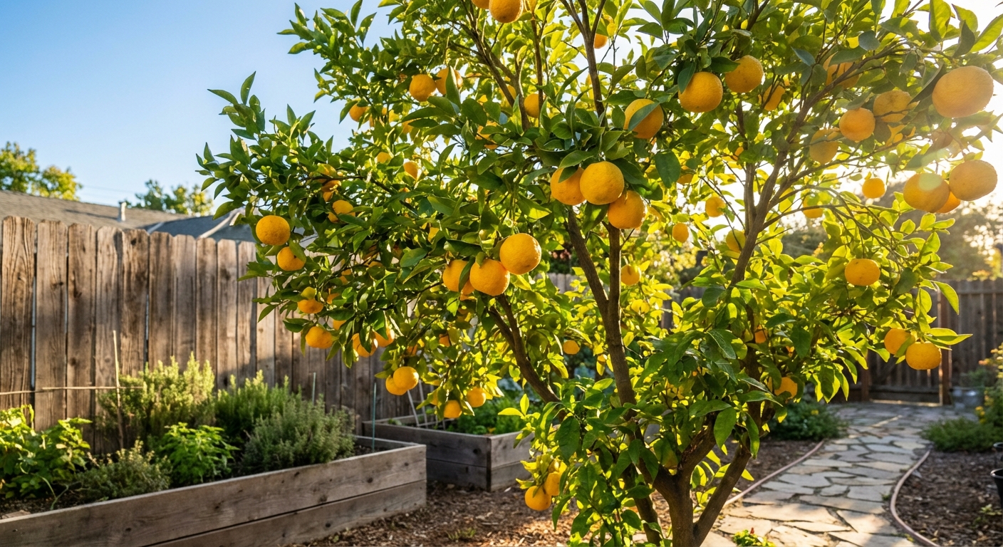 Yuzu Tree growing in a backyard garden with ripe yuzu fruit